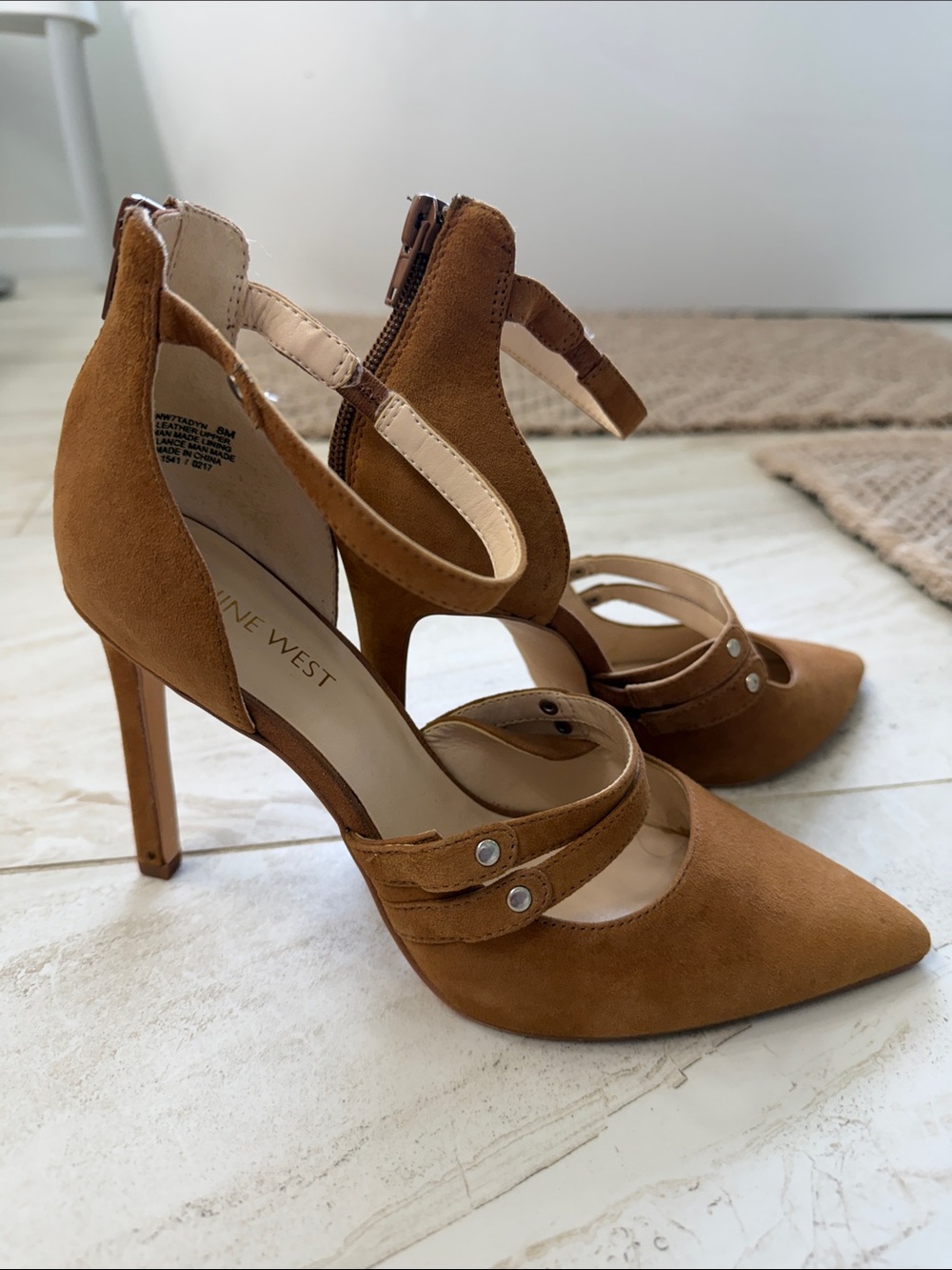 Nine West Cognac Suede Pointed-Toe Ankle Strap Heels